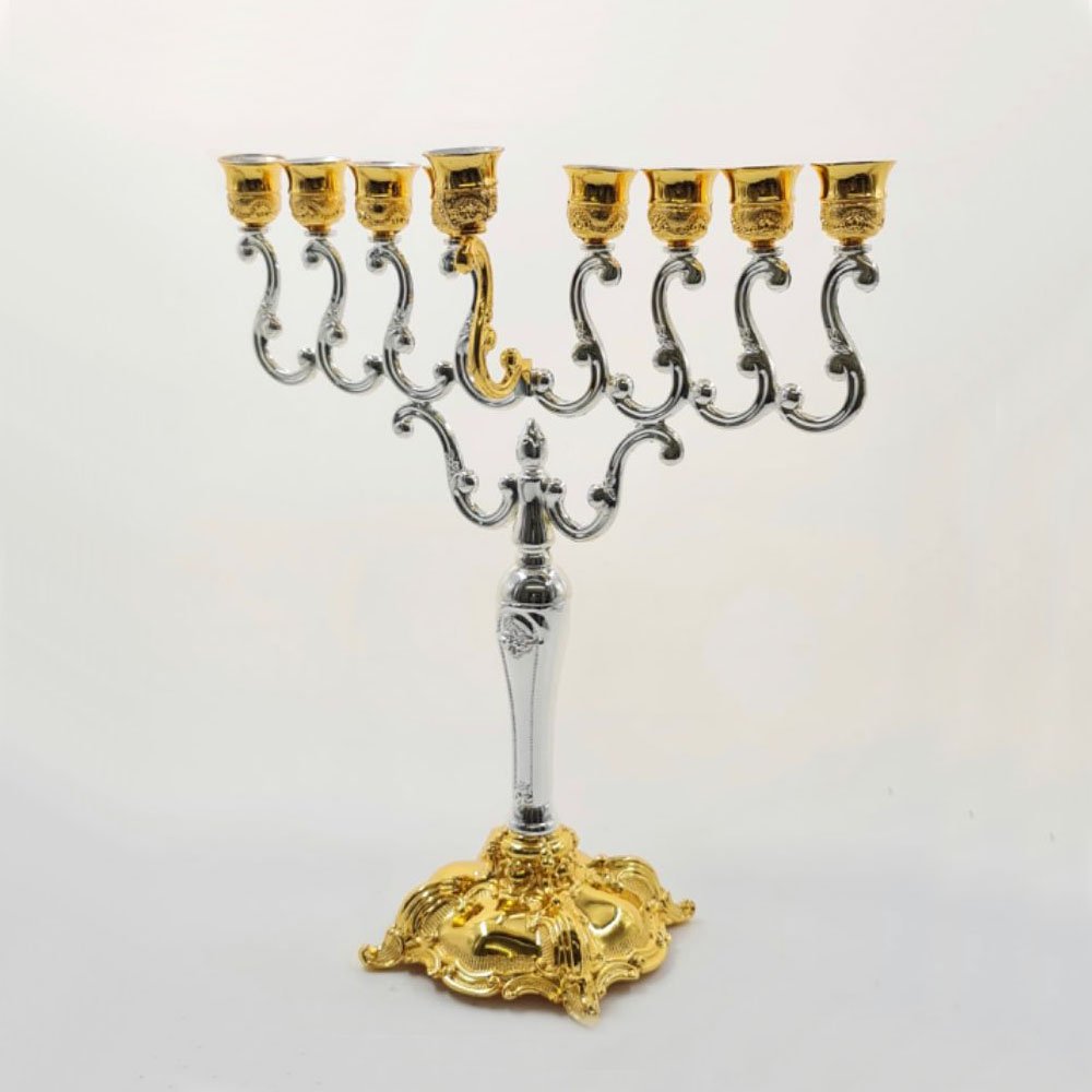 חנוכיה מתכת - כסף משולב קנים ותחתית זהב 32*36 דגם להבה