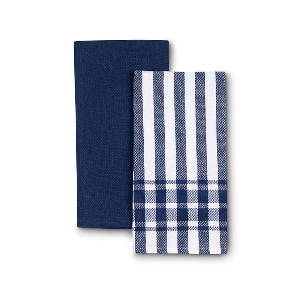 סט 2 מגבות מטבח 100% כותנה וופל כחול נייבי/פס נייבי -לבן 70X50 ס"מ