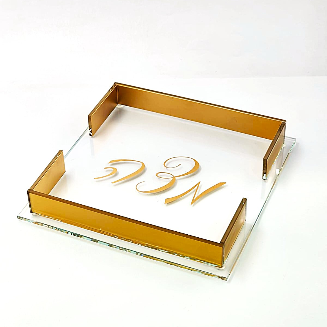 מגש מצה - זכוכית מסגרת וכיתוב זהב 24X24