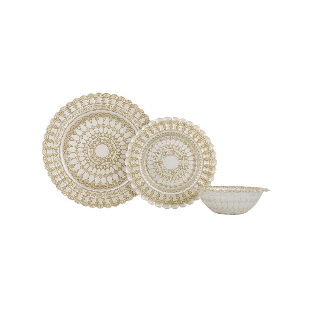 סט צלחות 18 חלקים - זכוכית זהב תחרה דגם Zahari Lace