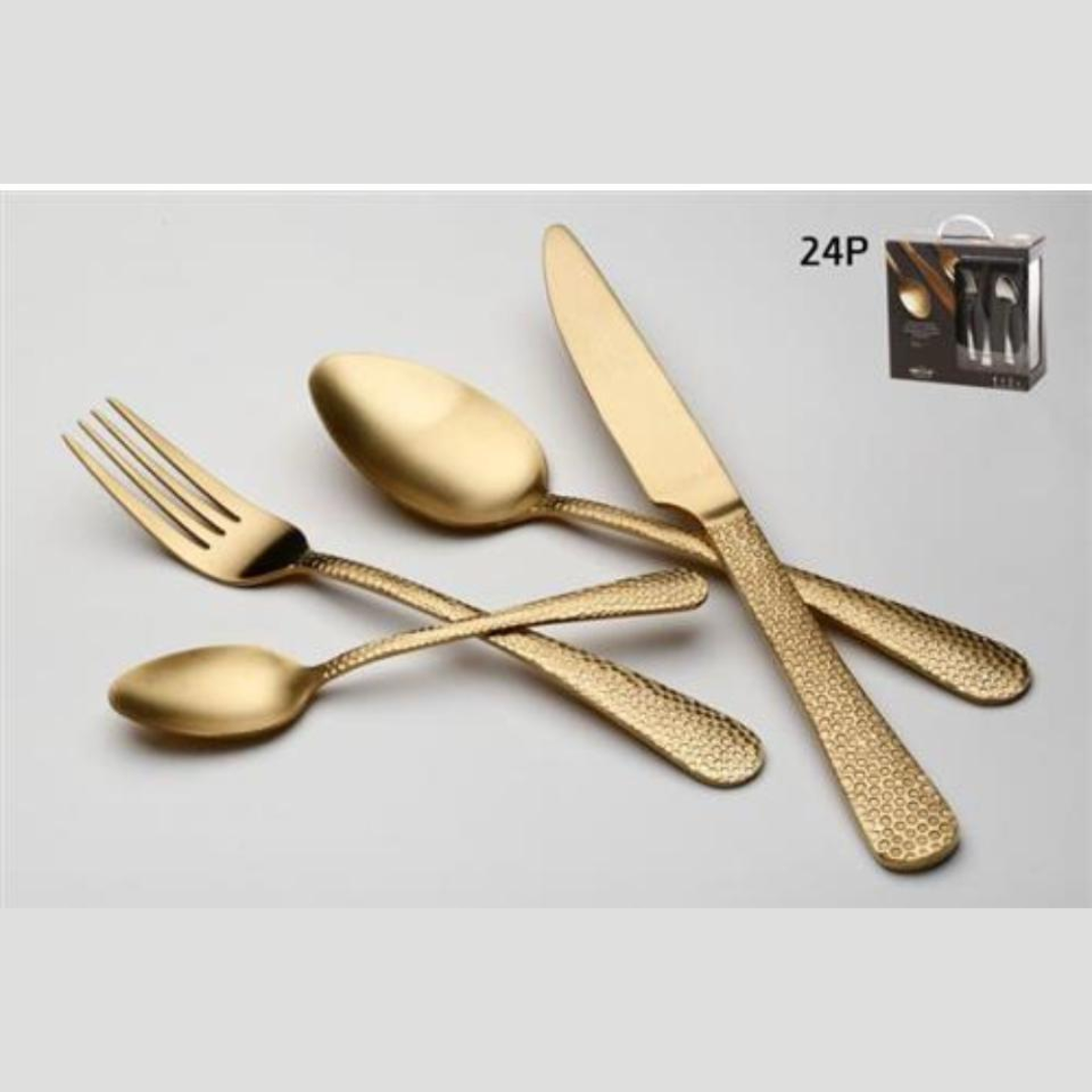 סט סכו”ם 48 חלקים | 12 סועדים – זהב מרוקע מט דגם KARIN נירוסטה 10\18