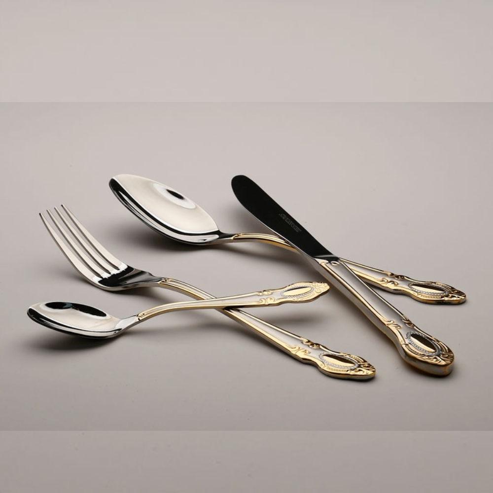 MULINI סט סכו”ם 24 חלקים – נירוסטה 10\18 כסף משולב זהב בארוק