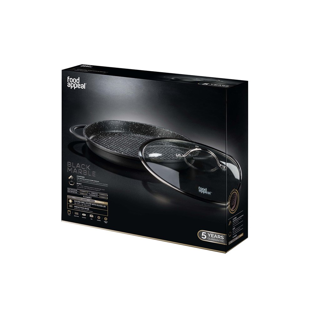 פלטת גריל עגולה עם מכסה זכוכית 30 ס"מ BLACK MARBLE