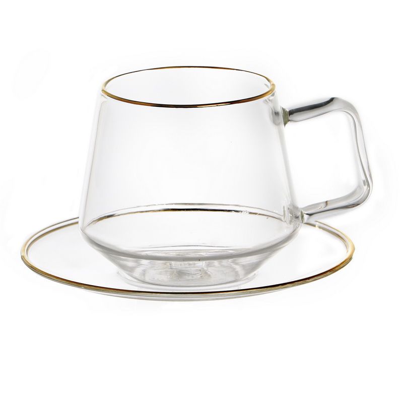 סט 6 כוס תה - זכוכית צורת יהלום פס זהב + תחתית 280 מ"ל