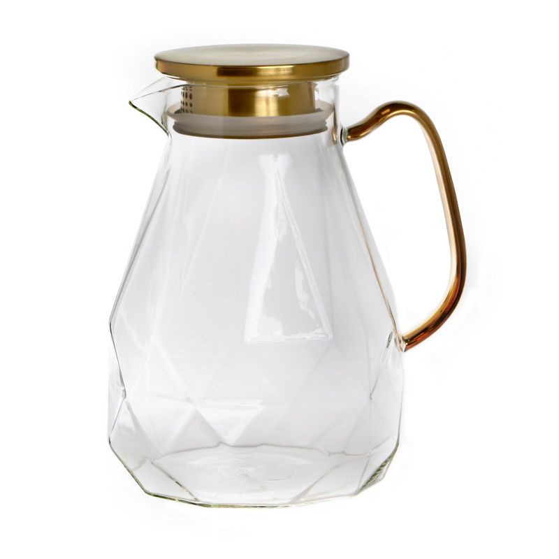 קנקן זכוכית - שקופה צורת יהלום מכסה וידית זהב 1.8 ליטר