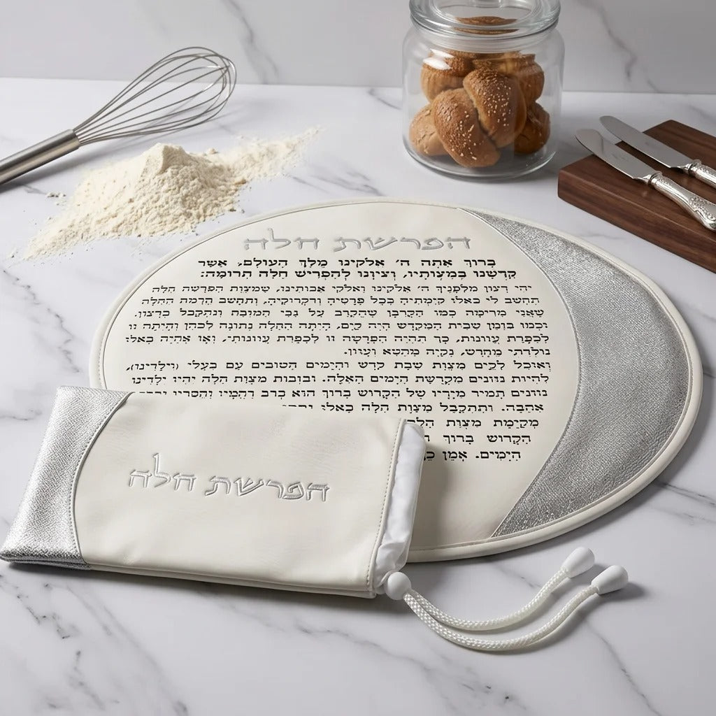 סט הפרשת חלה - דמוי עור לבן "אותיות בולטות" כסף 40 ס"מ