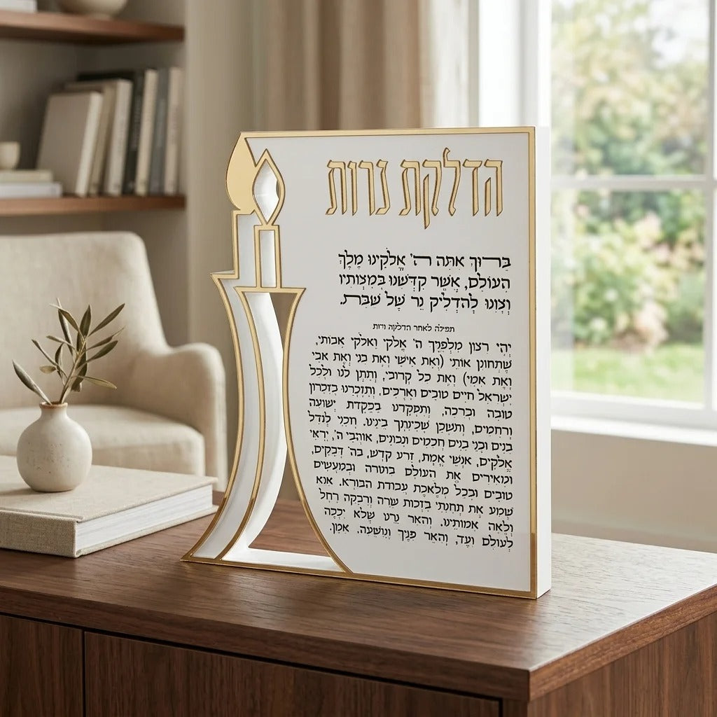 בלוק אקרילי - הדלקת נרות אקריליק בלוק עם עיצוב נרות מובלטים זהב 23X20 ס"מ