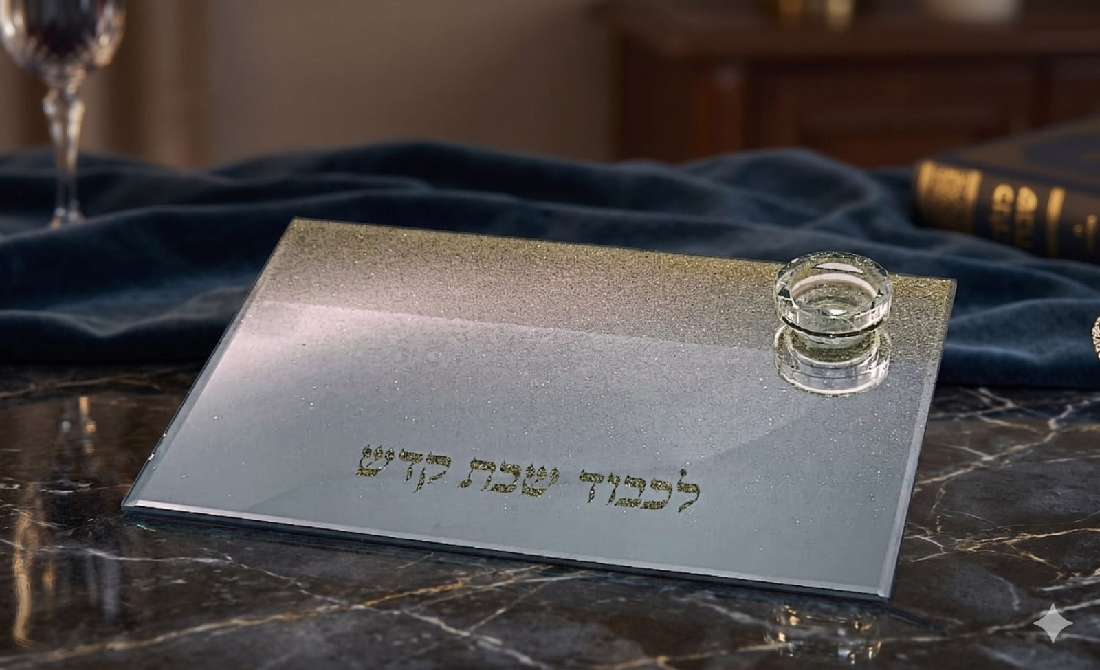 מגש חלה - זכוכית קריסטל נצנצים זהב גליטר + מלחיה