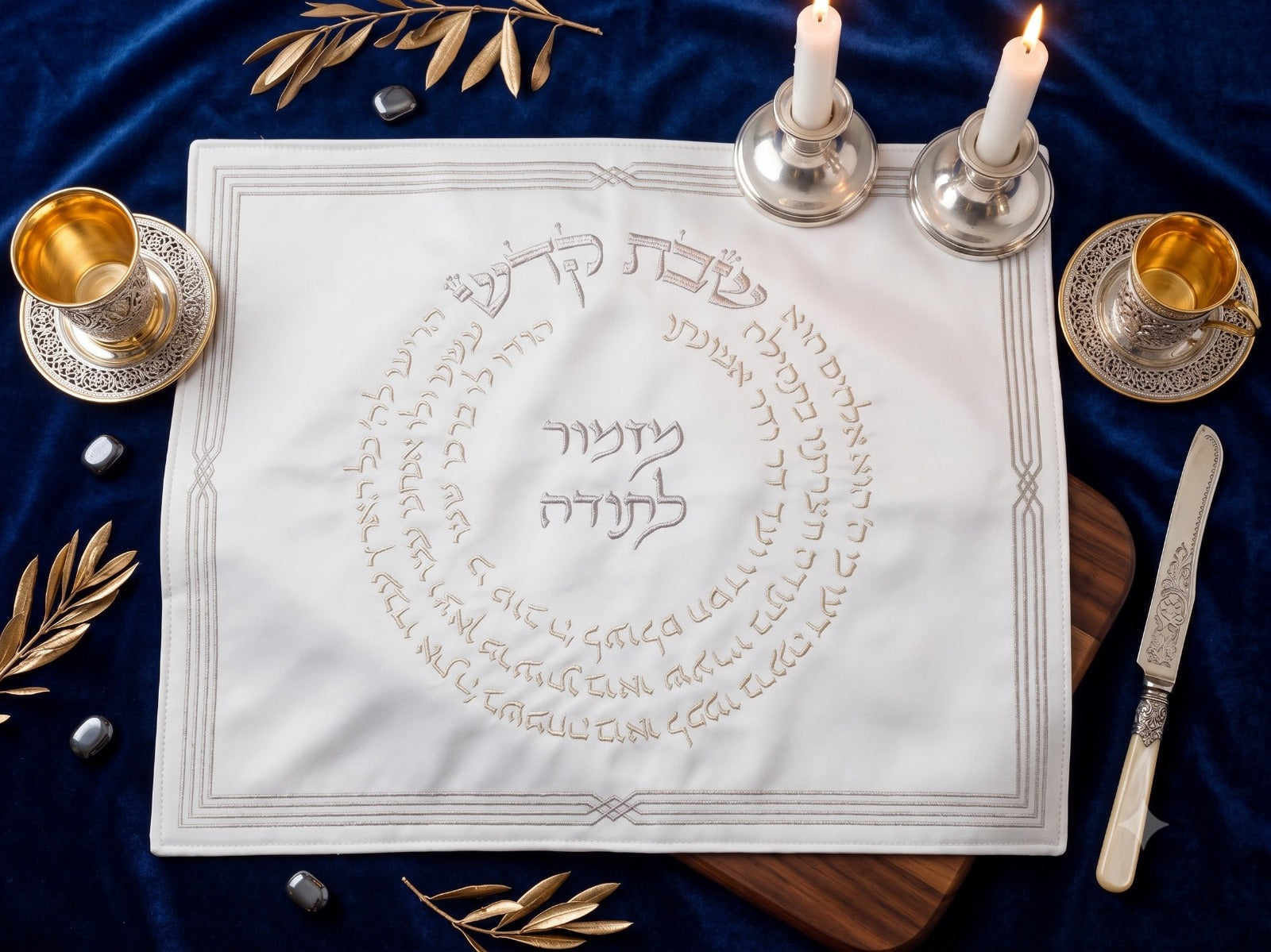 מפה לכיסוי חלה - שמנת דמוי עור 45X55 ס"מ 'מזמור לתודה'