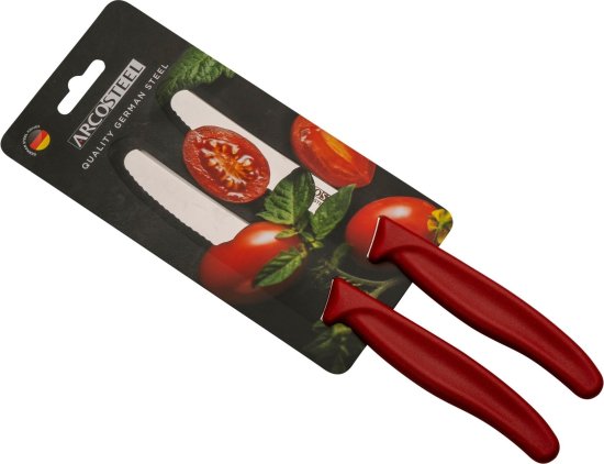 סט 2 סכיני סנדביץ משוננות 11 ס''מ מבית Arcosteel - ידית אדומה