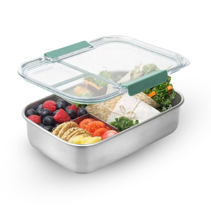 food-appeal קופסת אוכל Microwave Safe מלבנית מחולקת 3 תאים נירוסטה 1.3 ל' מכסה TRITAN ירוק הרמטי