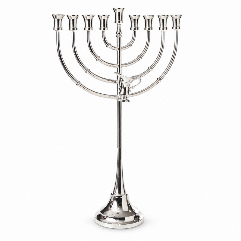 חנוכיה מתכת - דגם כד השמן כסף מתכת גובה 68 אורך 40 ס"מ