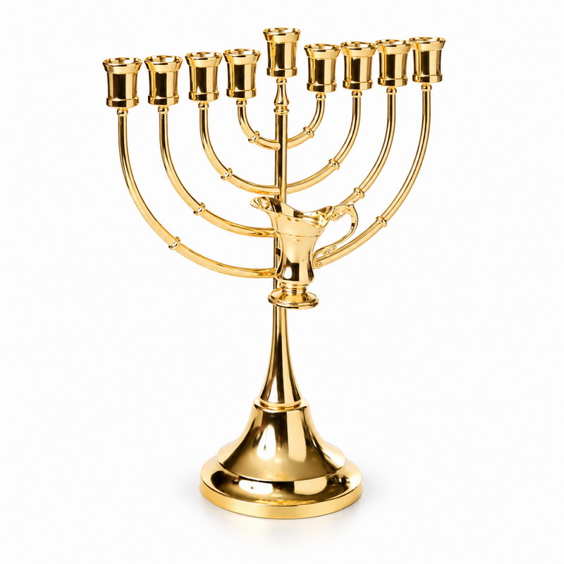 חנוכיה מתכת - דגם כד השמן זהב מתכת גובה 38 אורך 30 ס"מ