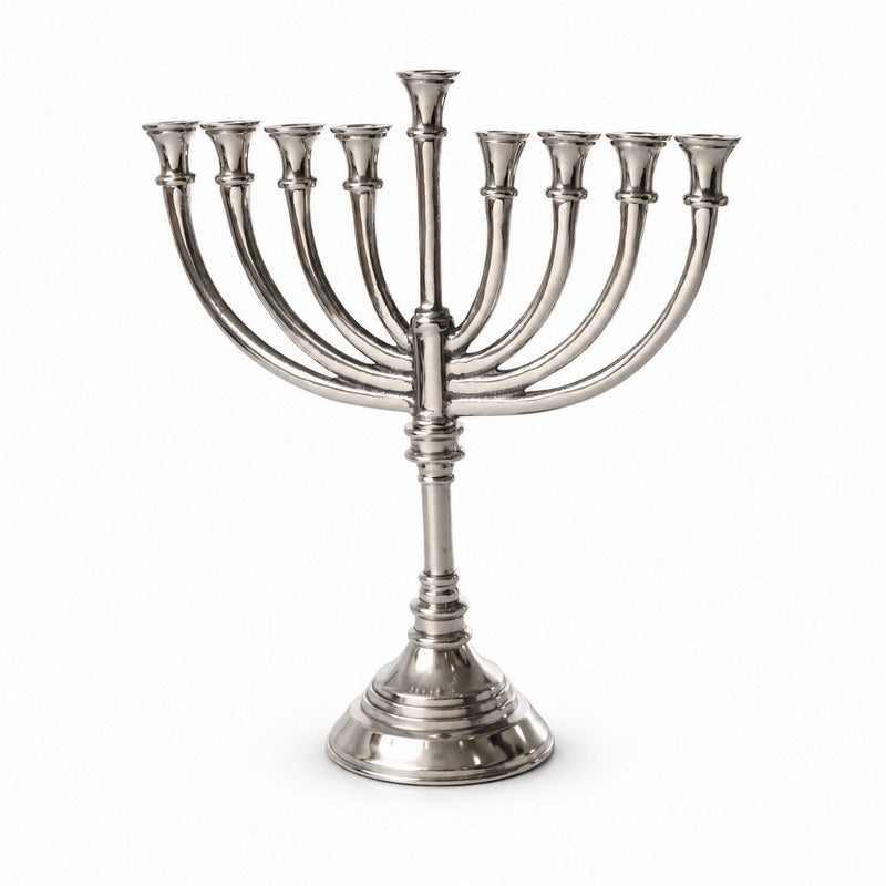חנוכיה מתכת - אלומיניום כסף ציפוי ניקל דגם אור מלכות גובה 30 ס"מ רוחב 27 ס"מ