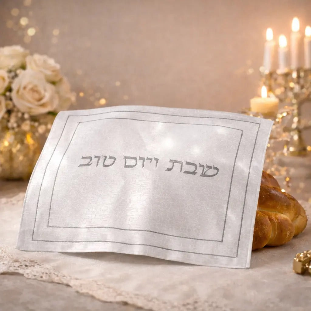 מפה לכיסוי חלה - פשתן לבן עם ריקמה זהב "שבת ויום טוב" 45x55 ס"מ