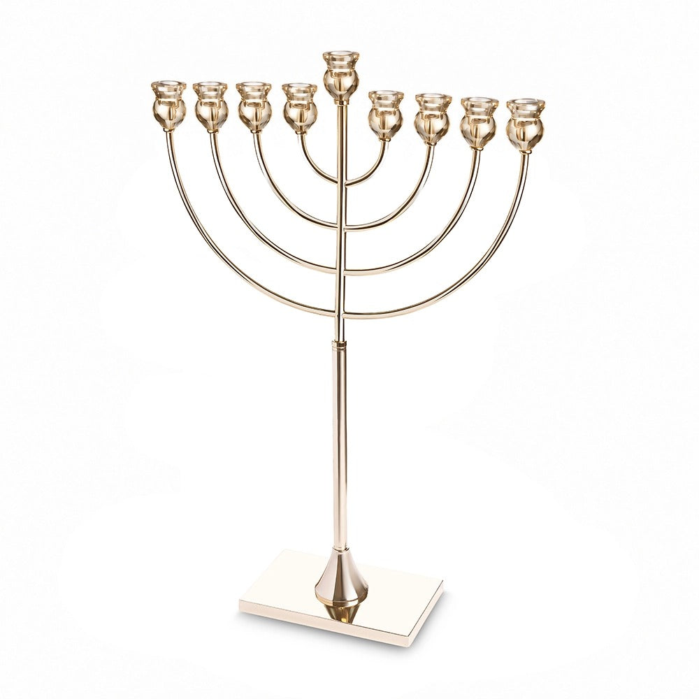 חנוכיה מתכת - "אור הזהב" מתכת גימור זהב עם ראשי קריסטל 76 ס"מ