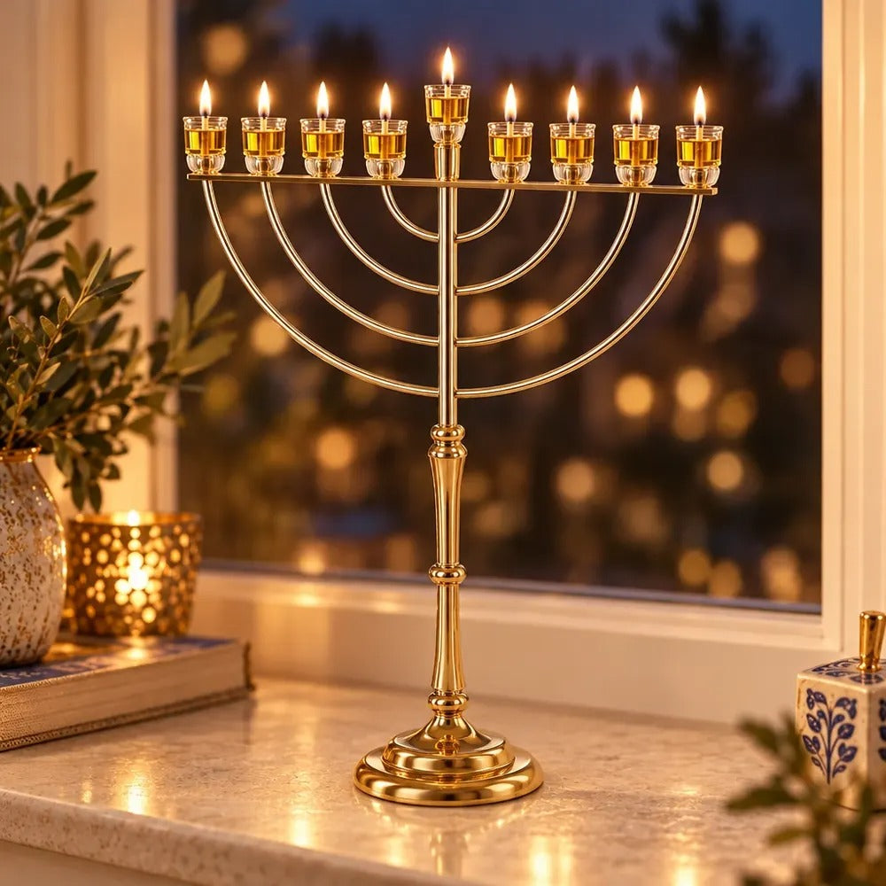 חנוכיה מתכת - "אור הזהב" מתכת רוז גולד ענקית 131X72 ס"מ