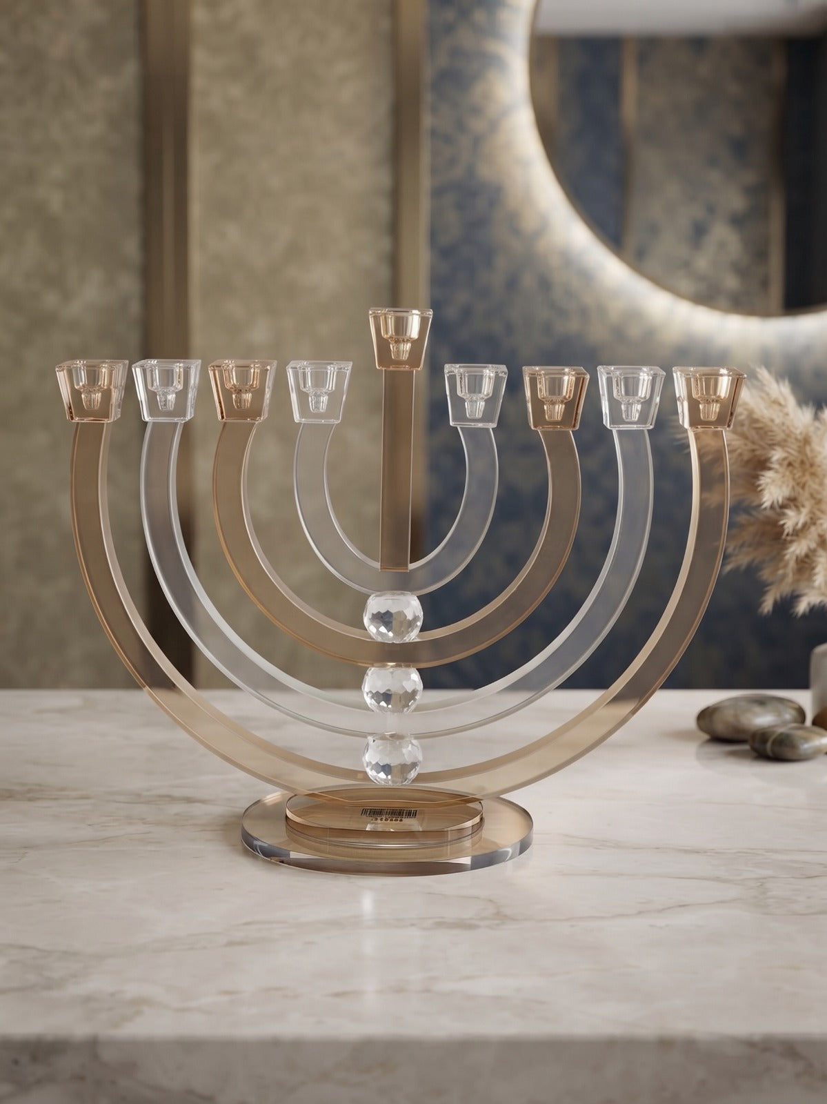 חנוכיה קריסטל - מנורה שקוף משולב אמבר וכדורים על בסיס וקני אמבר קריסטל 33X27 ס"מ דגם 14608