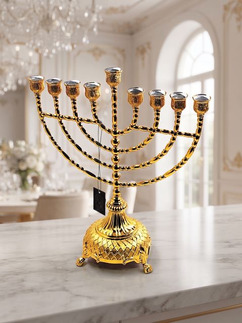 חנוכיה מתכת - זהב מנורה עגולה 40 ס"מ על רגליים דגם avi778g