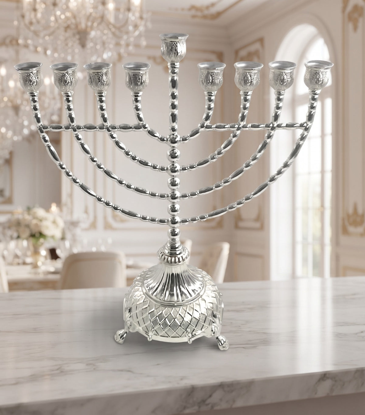 חנוכיה מתכת - כסף מנורה עגולה 40 ס"מ על רגליים דגם avi778S
