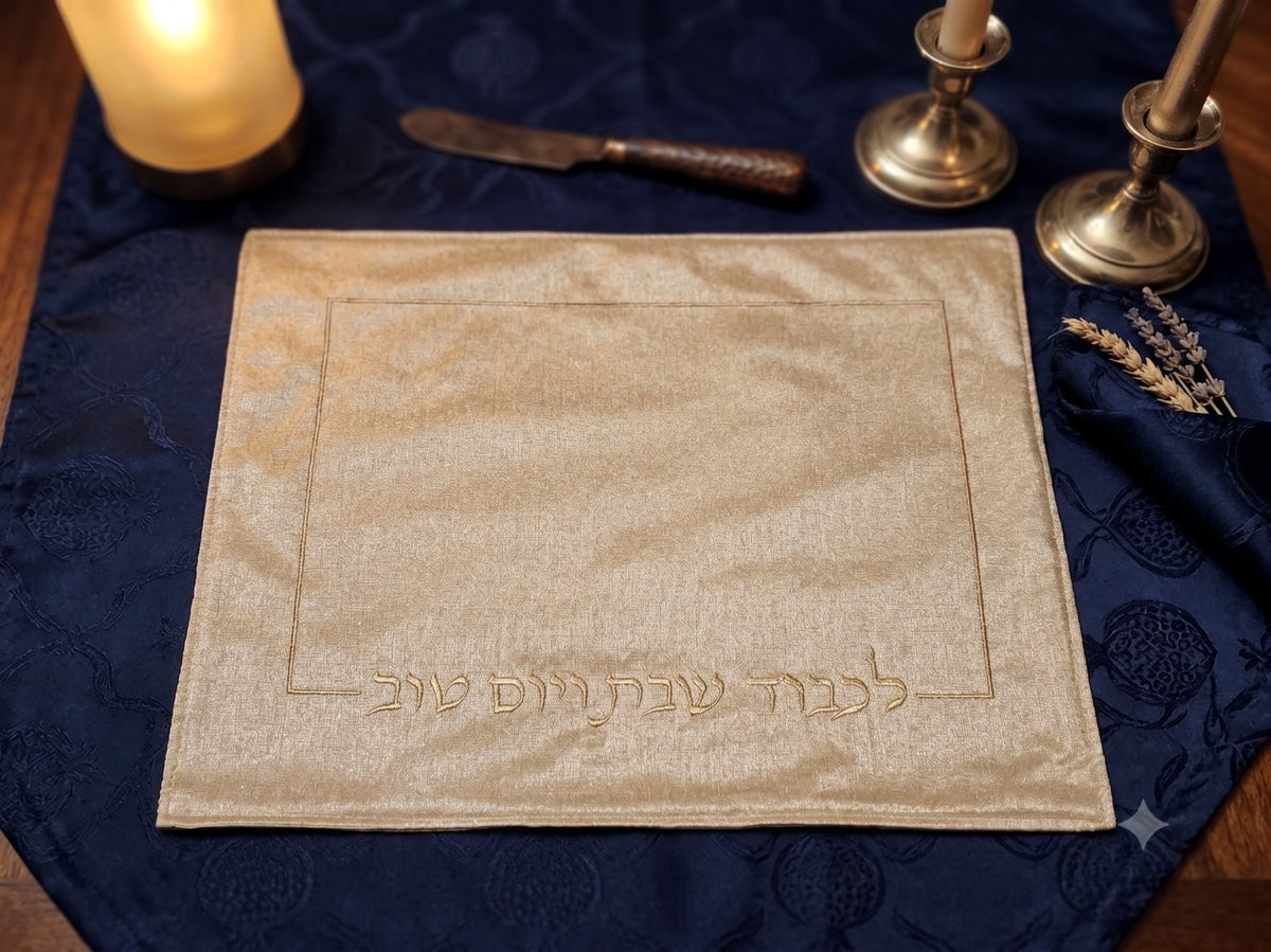 מפה לכיסוי חלה - רוזגולד כיתוב 'לכבוד שבת ויום טוב' 44X58 ס”מ