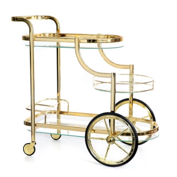 עגלת משקאות - 3 קומות מלבנית מתכת זהב זכוכית