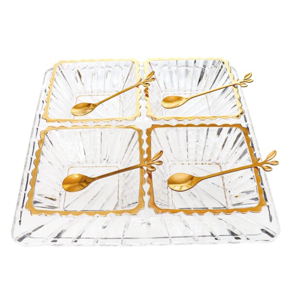 סט 4 קעריות זכוכית מרובעות - על מגש זכוכית שקופה + כפיות נירוסטה זהב