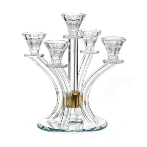 פמוט 5 קנים – קריסטל שקוף עיגול זהב 27X24 ס”מ