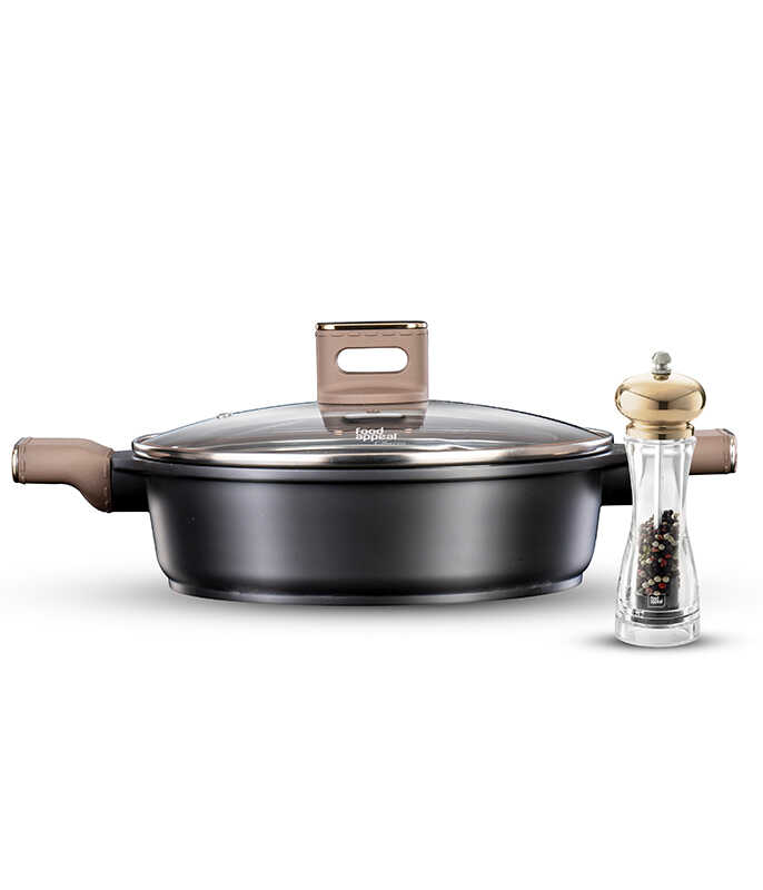 סוטאז' 28 ס"מ CHARM ידיות "אפקט העור" חום כהה + מטחנת מלח\פלפל במתנה !