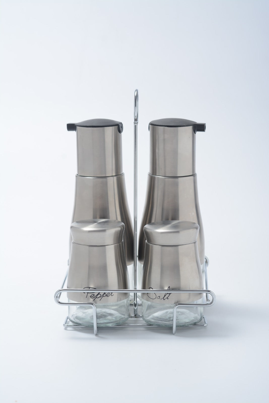 סט שמן חומץ מלח פלפל נירוסטה + סטנד