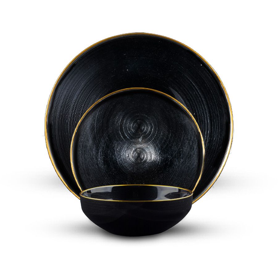 סט צלחות אוכל 18 חלקים - זכוכית GLAMOUR שחור פס זהב