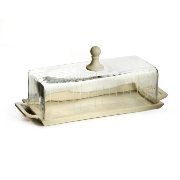 בית עוגה אינגליש מלבני מתכת לבנה + פעמון זכוכית שקוף 17*44