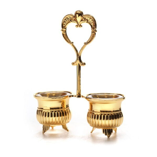 זוג מלחיות - מתכת פתוחות זכוכית שקופה ציפוי זהב פסים וידית נשיאה 12/5.3 ס”מ גובה 14.5 ס”מ