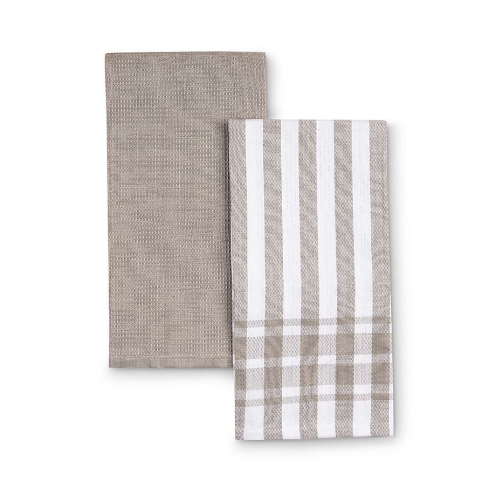 סט 2 מגבות מטבח 100% כותנה וופל אפור/פס אפור-לבן 70X50 ס"מ