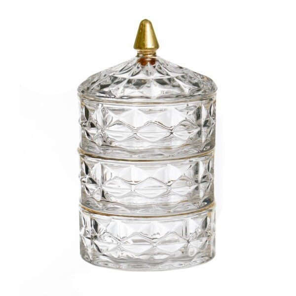 מעמד סט צנצנות – 3 קומות זכוכית זהב + מכסה 24X13 ס”מ