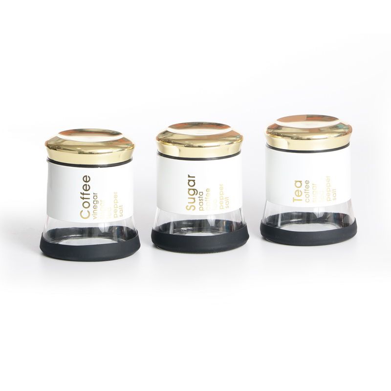 סט תה קפה סוכר - לחיצת ואקום 3 צנצנות זכוכית לבן /זהב 625 מ"ל