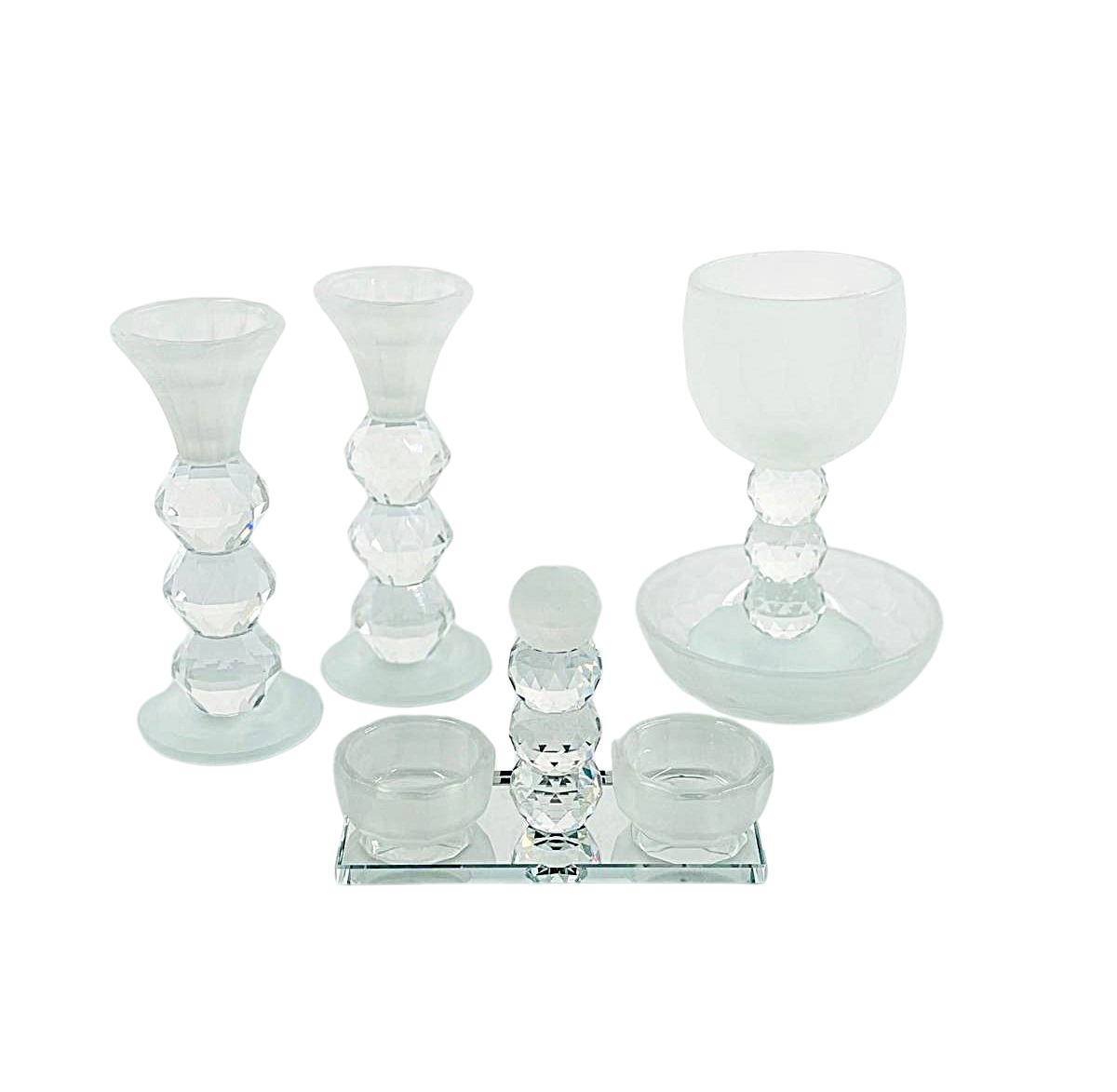 סט שבת קריסטל פרוזן חלבי - זוג פמוט + גביע קידוש + מלחיה פתוחה
