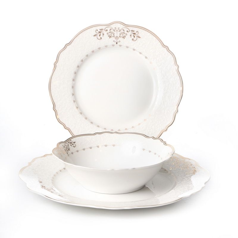 סט צלחות 18 חלקים - דגם Daisy לבן זהב New Bone China