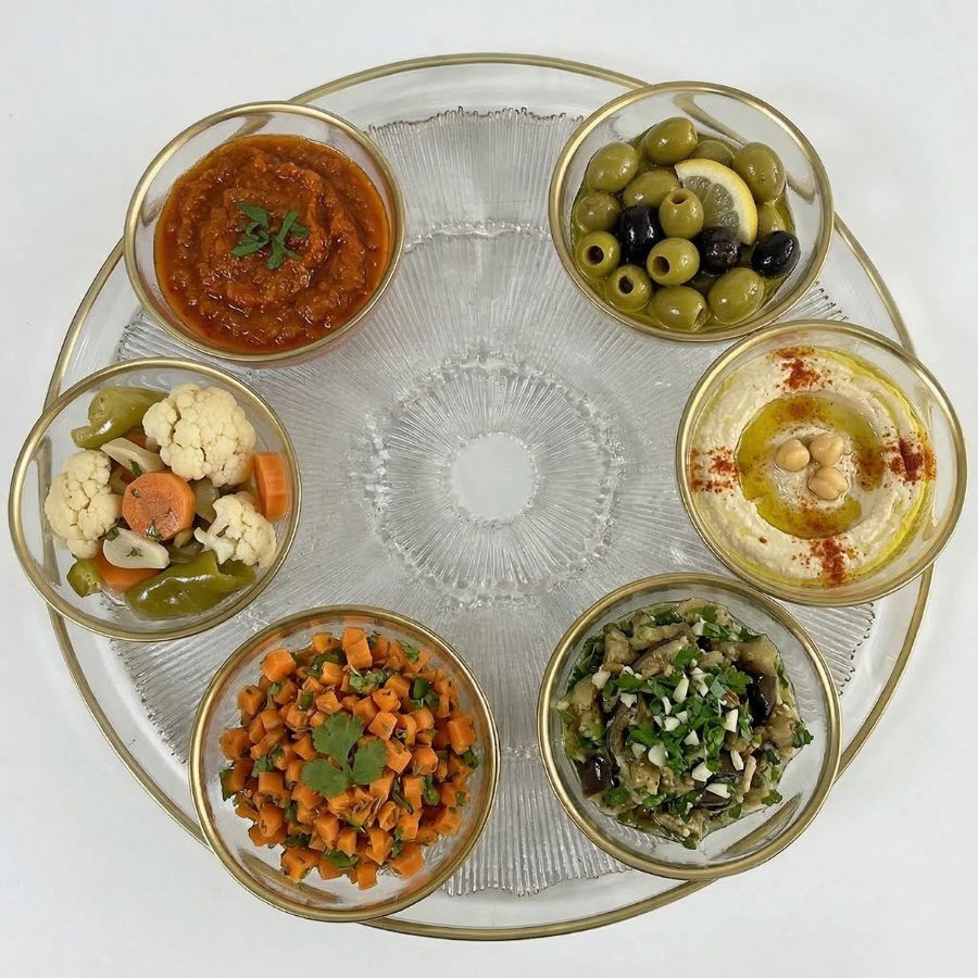 מארז צלחת הגשה 33 ס"מ + 6 קעריות 10 ס"מ זכוכית מעוטרת זהב JIL מבית Food appeal