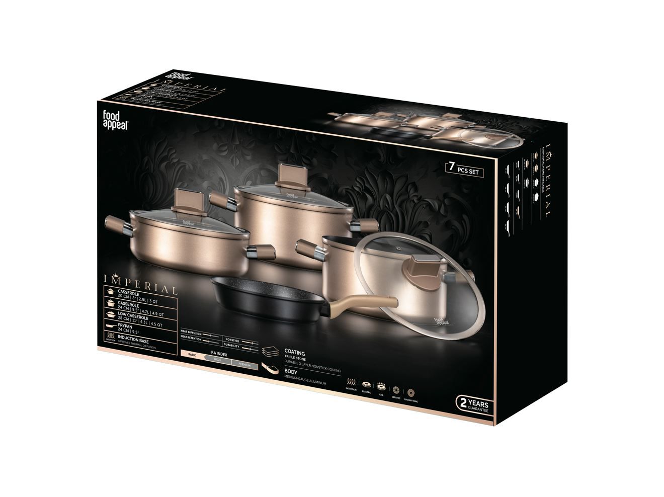 סט סירים 7 חלקים - סירים 20/24 ס"מ סוטא'ז 28 ס"מ מחבת 24 ס"מ IMPERIAL שמפנייה/שחור