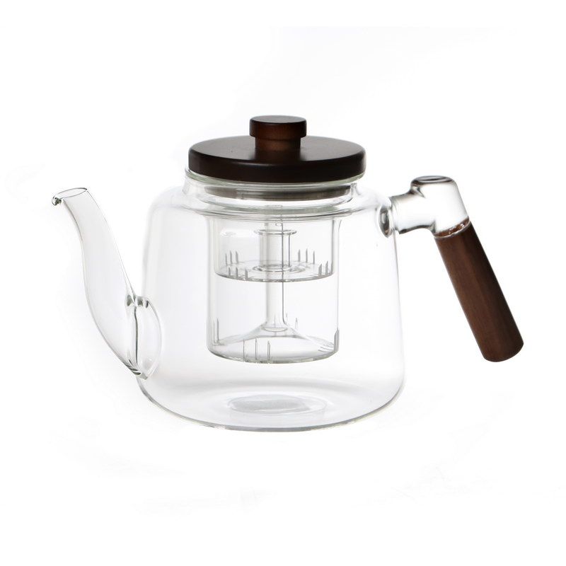 קנקן זכוכית - תה שקופה ידית עץ שחורה ומכסה עץ שחור/נירוסטה 1.2 ל'