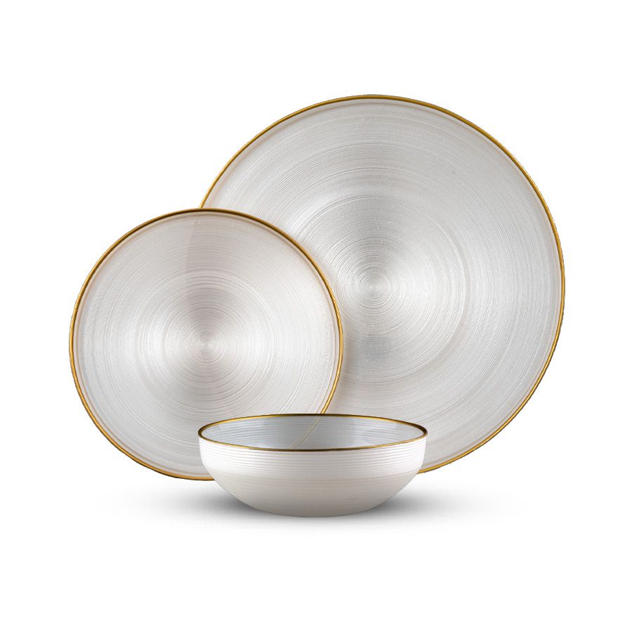 סט צלחות אוכל 18 חלקים - זכוכית GLAMOUR לבן פנינה עם פס זהב