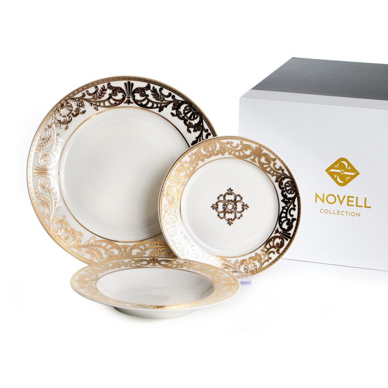 סט צלחות 18 חלקים - דגם Jessica לבן זהב New Bone China זהב 24 קראט