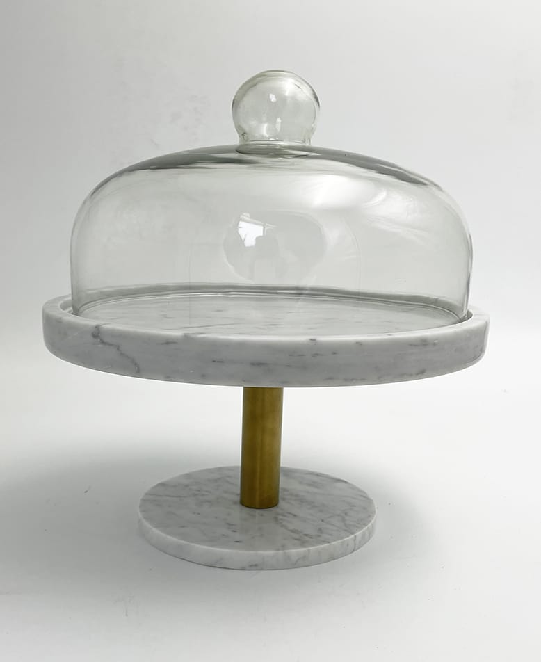 בית עוגה - שיש עגול על סטנד שיש זהב ופעמון זכוכית קטן