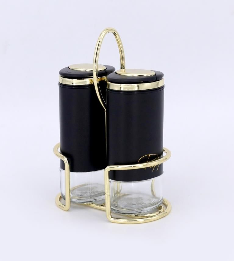 סט מלחיות - מלח פלפל זכוכית שחור על מעמד נירוסטה זהב 115 מ"ל