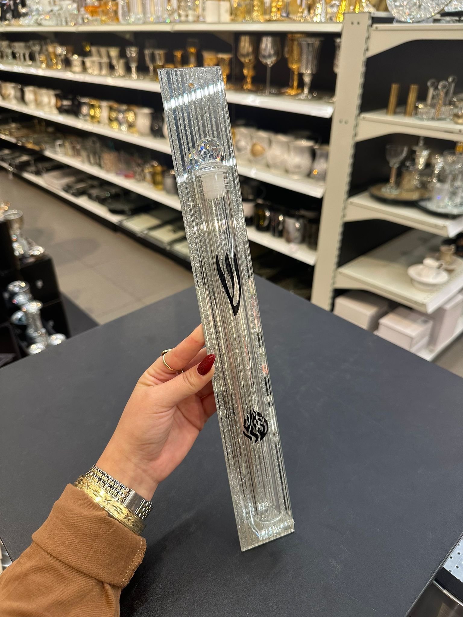 בית מזוזה - קריסטל 'האש שלי' שקוף כיתוב שחור 25 ס"מ