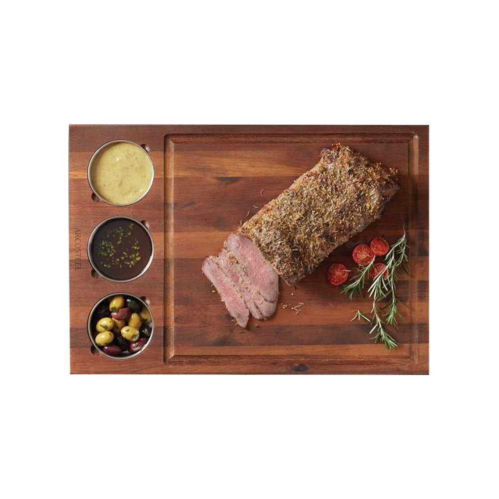 בוצ'ר עץ שיטה לחיתוך והגשה + 3 קעריות נירוסטה 57.5x40x5 ס''מ Arcosteel