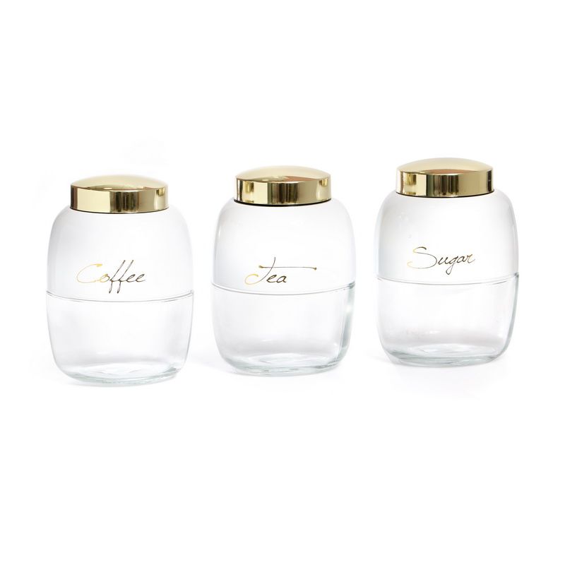 סט תה קפה סוכר - לחיצת ואקום 3 צנצנות זכוכית לבן זהב 900 מ"ל