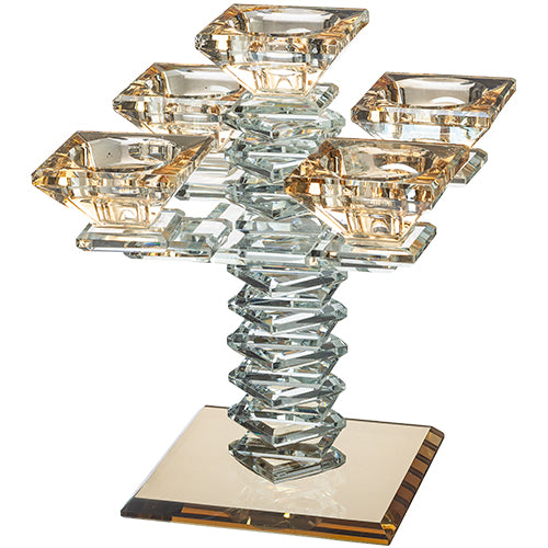 פמוט קריסטל - 5 קנים אמבר תחתית קריסטל מהודר עמוד פרמידה