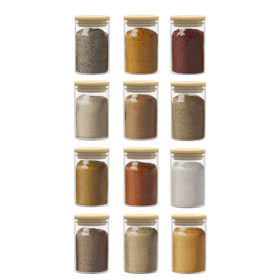 מארז 12 אחסוניות זכוכית עגולות לתבלינים 300 מ"ל + מדבקות מבית Food appeal